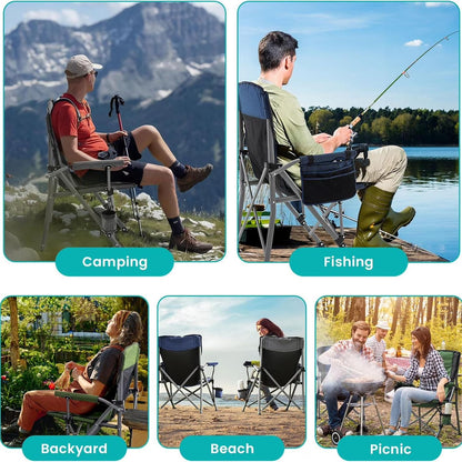 Folding Camping Chair, Portable High Back Folding Lawn Chairs for Adults, Outdoor Camping Chair with Cup Holder, Side Pocket, Hard Armrest, Carry Bag, Anti-slip Footpad, Support 350 lbs, Dark Blue
