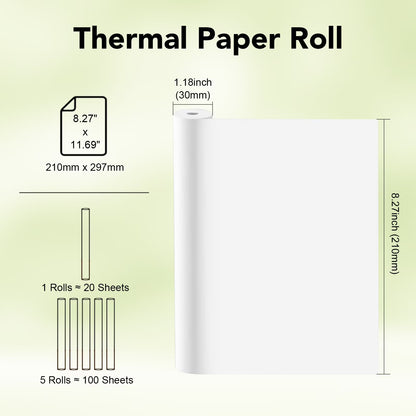 5 Rolls Thermal Paper (210mm/8.27" width/6m long, Φ1.18") Widely Compatible with Portable Thermal Printers, Quick-Dry A4 Thermal Printer Paper for Documents Picture Homework, 20 Sheets/Roll