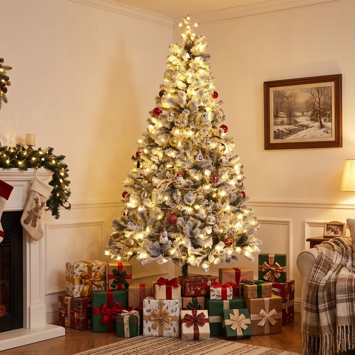 6ft Artificial Xmas Tree Realistic Reusable Snow Flocked Xmas Pine Tree with Dense Branches Metal Base for Holiday Decor Lights