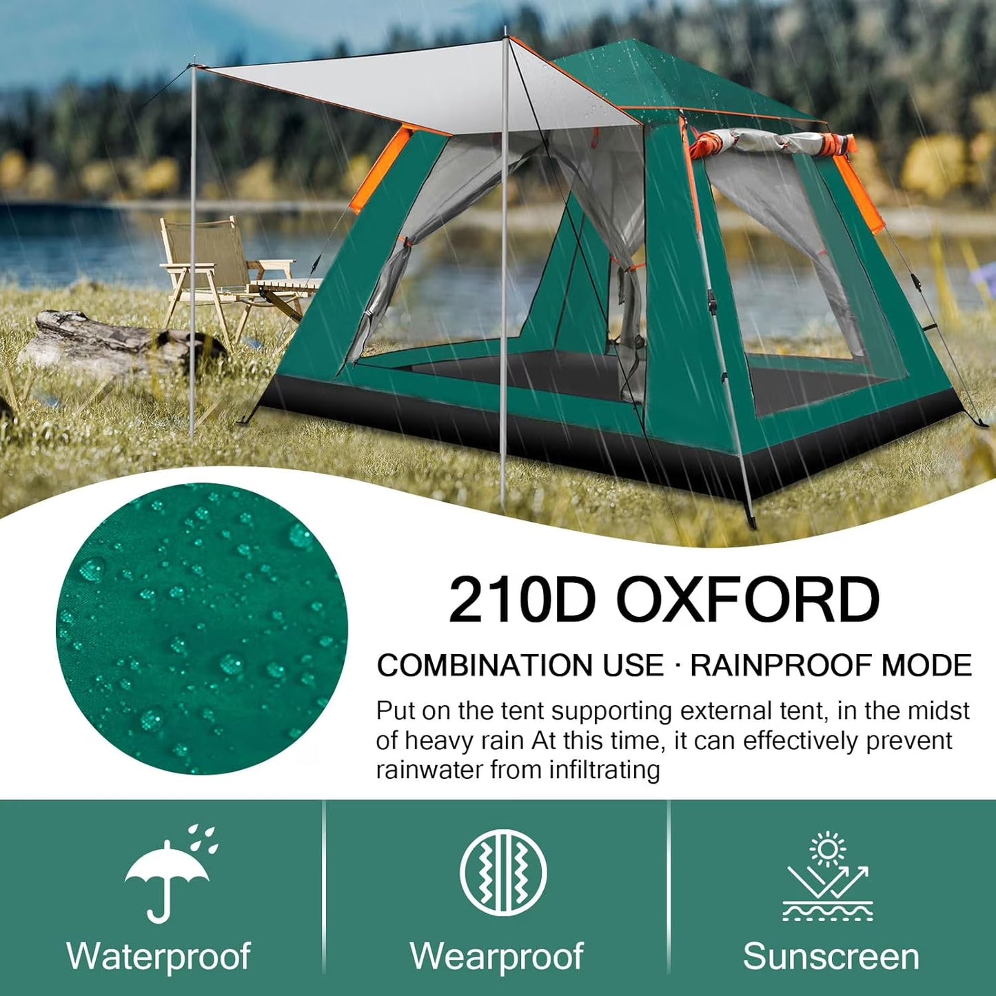 Pop up Canopy Big Instant Camping Tent, Green 4-5 Person Family Tents for Camping with 4 Doors, 7.87'x7.87'x5.1' Anti-UV Waterproof Easy Setup Camping Tent for Beach Picnic Hiking Outdoor Backpacking,Green
