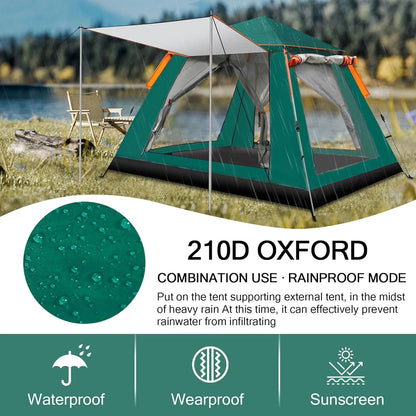 Pop up Canopy Big Instant Camping Tent, Green 4-5 Person Family Tents for Camping with 4 Doors, 7.87'x7.87'x5.1' Anti-UV Waterproof Easy Setup Camping Tent for Beach Picnic Hiking Outdoor Backpacking,Green
