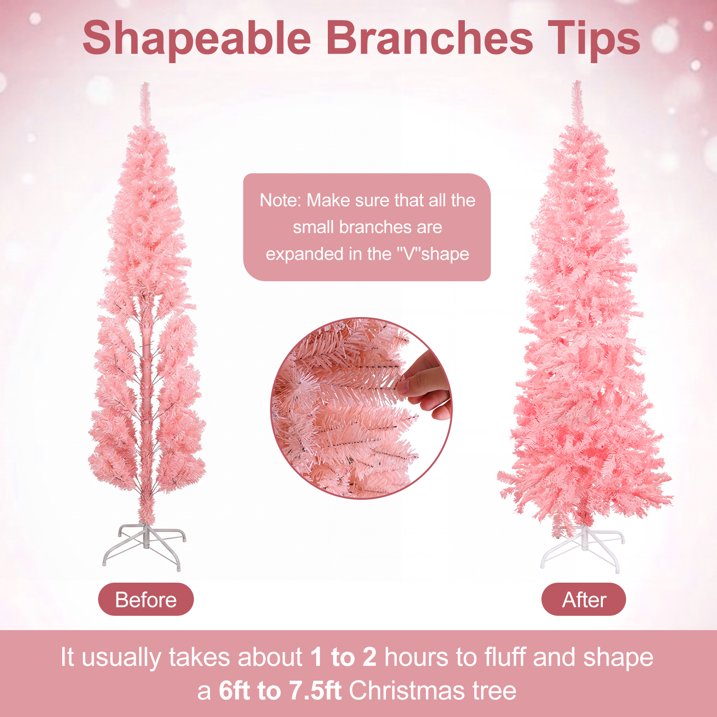 6ft Pink Artificial Pencil Christmas Tree, Unlit Slim Xmas Tree with 660 PVC Tips & Foldable Metal Stand, Full Shape, Easy to Assemble for Home Office Party Holiday Display Decoration