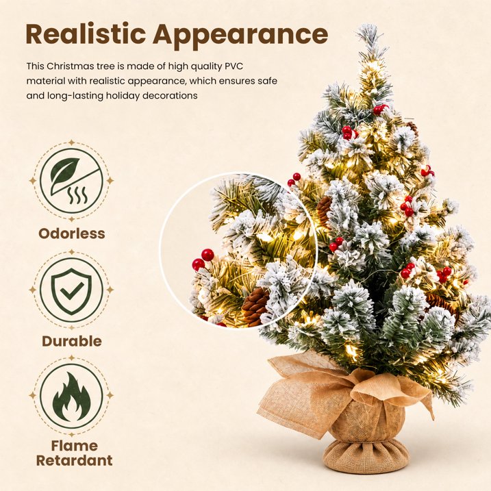 20 inch Prelit Snow Flocked Christmas Tree with Light, Small Artificial Tabletop Xmas Trees with Red Berries, Pinecones and Cloth Bag Base, Indoor Table Centerpieces Xmas Home Holiday Decorations