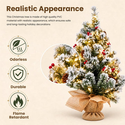 20 inch Prelit Snow Flocked Christmas Tree with Light, Small Artificial Tabletop Xmas Trees with Red Berries, Pinecones and Cloth Bag Base, Indoor Table Centerpieces Xmas Home Holiday Decorations