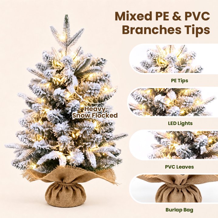 2ft Pre-lit Mini Christmas Snow Flocked Tree, Tabletop Artificial Christmas Tree with LED Lights, Small DIY Decor Xmas Pine Tree with Cloth Bag Base for Indoor Outdoor Home Dining Table Decorations