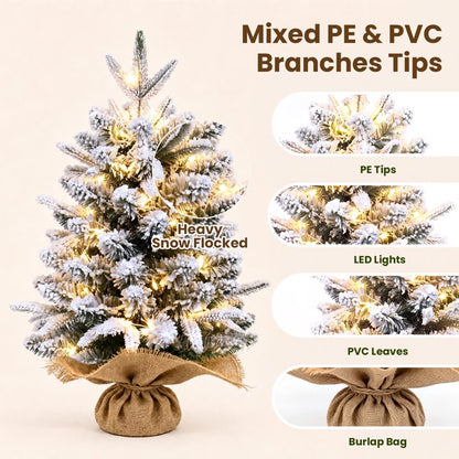 2ft Pre-lit Mini Christmas Snow Flocked Tree, Tabletop Artificial Christmas Tree with LED Lights, Small DIY Decor Xmas Pine Tree with Cloth Bag Base for Indoor Outdoor Home Dining Table Decorations