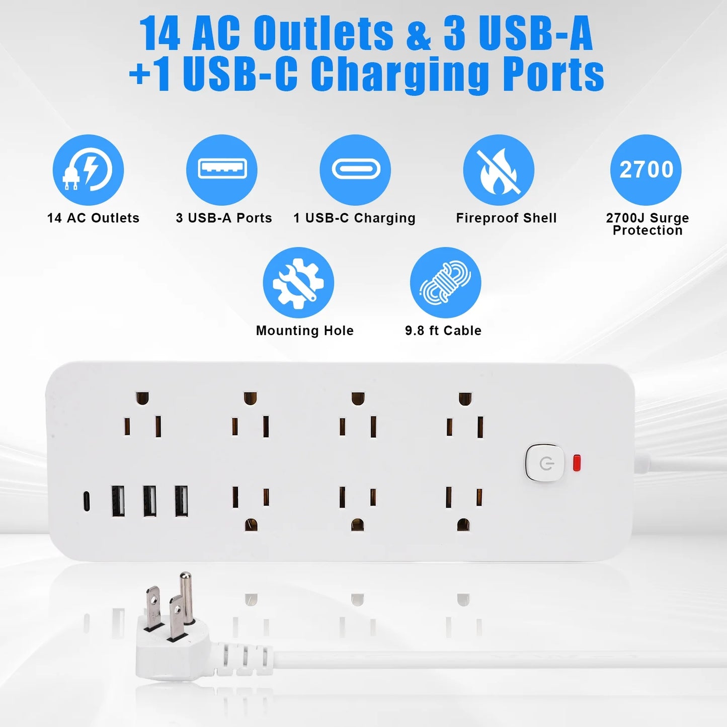 Power Strip Surge Protector (1875W), 14 Outlets w/ 3 USB A & 1 USB C Port, 9.8ft Long Flat Plug Extension Cord w/ Overload Protection, Wall Mount, Desktop Charging Station for Home Office Dorm, White