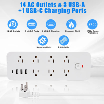 Power Strip Surge Protector (1875W), 14 Outlets w/ 3 USB A & 1 USB C Port, 9.8ft Long Flat Plug Extension Cord w/ Overload Protection, Wall Mount, Desktop Charging Station for Home Office Dorm, White