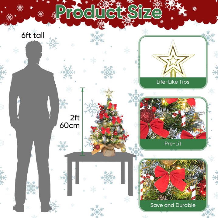 24 inch Tabletop Christmas Tree, 2ft Pre-Lit Christmas Tree w/ Star Treetop, Mini Xmas Small potted Tree w/ LED String Lights, Branch Tips DIY Ornaments, Pine Cones, Balls for Table Indoor Home, Red