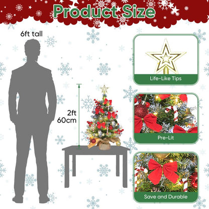 24 inch Tabletop Christmas Tree, 2ft Pre-Lit Christmas Tree w/ Star Treetop, Mini Xmas Small potted Tree w/ LED String Lights, Branch Tips DIY Ornaments, Pine Cones, Balls for Table Indoor Home, Red