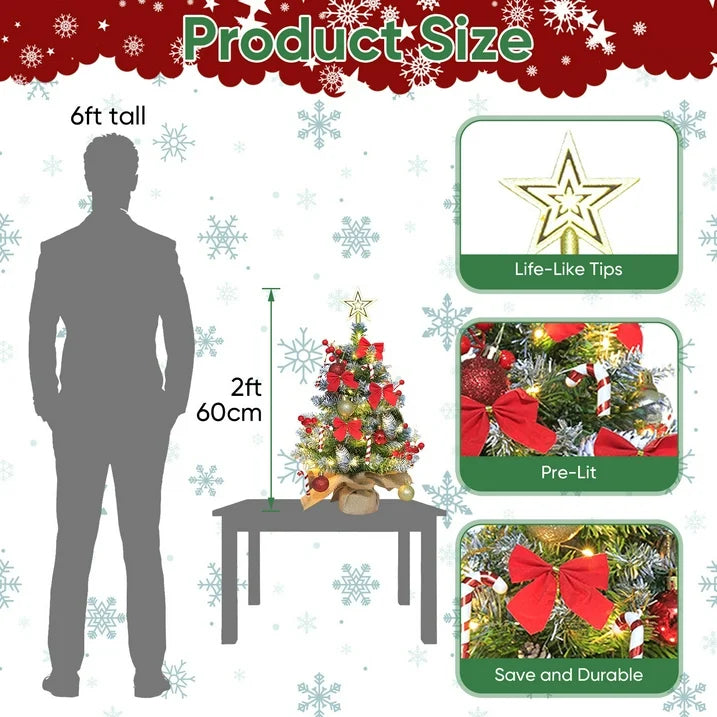 24 inch Tabletop Christmas Tree with LED String Lights Mini Christmas Tree with Frosted Branch Tips DIY Ornaments, 2ft Xmas Small Cedar Tree with Pine Cones/Christmas Balls for Table Indoor Home, Red