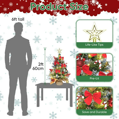 24 inch Tabletop Christmas Tree with LED String Lights Mini Christmas Tree with Frosted Branch Tips DIY Ornaments, 2ft Xmas Small Cedar Tree with Pine Cones/Christmas Balls for Table Indoor Home, Red