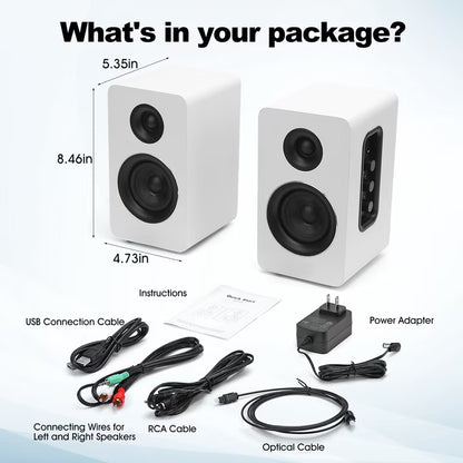 80W Active Bookshelf Speakers, Home Bluetooth 5.3 Wireless Speaker with 3 inch Woofer, Stereo Studio Monitor Speakers, Bass & Treble Adjust TV Speakers with USB/Optical/AUX Input for PC Gaming, White