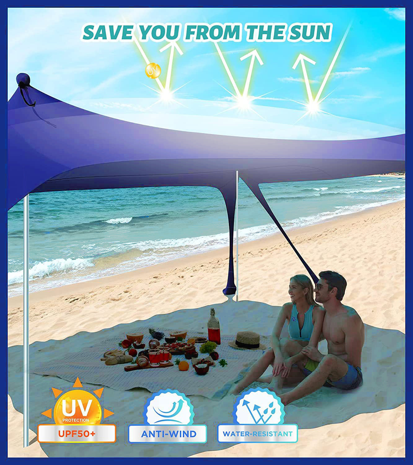 Beach Canopy, Blue Windproof 10x10ft Up Beach Tent Sun Shelter With Carry Bag For Picnics