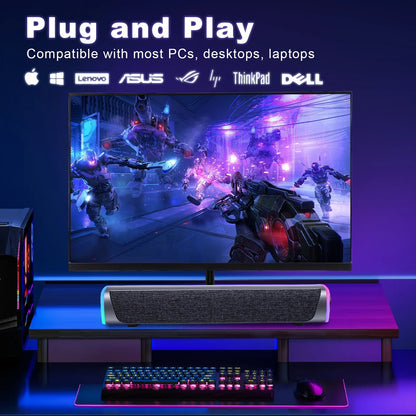 Bluetooth Computer Speakers for Desktop, Stereo Sound Soundbar for Desktop Laptop Monitor, Plug & Play PC Speakers with Dynamic LED Light & Volume Knob, USB Powered w/ 3.5mm Cable HiFi Gaming Speaker