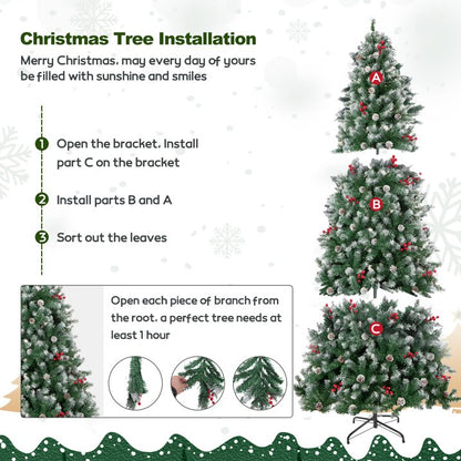 7FT Artificial Christmas Tree w/ 1100 PVC Branch Tips, Pine Cone & Red Berries for Home Office Party Decor, Snow Flocked Xmas Tree with Foldable Metal Stand, Indoor Holiday Festival Decoration