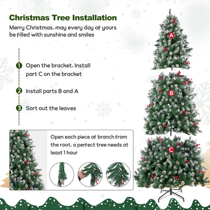 6FT Pre-Decorated Artificial Christmas Tree w/ 800 PVC Branch Tips, Pine Cone & Red Berries for Home Office Party Decoration, Partially Flocked Design Xmas Trees w/ Dense Branches & Metal Stand