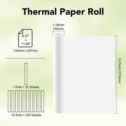 10 Rolls Thermal Paper (210mm/8.27" width/6m long, Φ1.18") Widely Compatible with Portable Thermal Printers, Quick-Dry A4 Thermal Printer Paper for Documents Picture Homework, 20 Sheets/Roll
