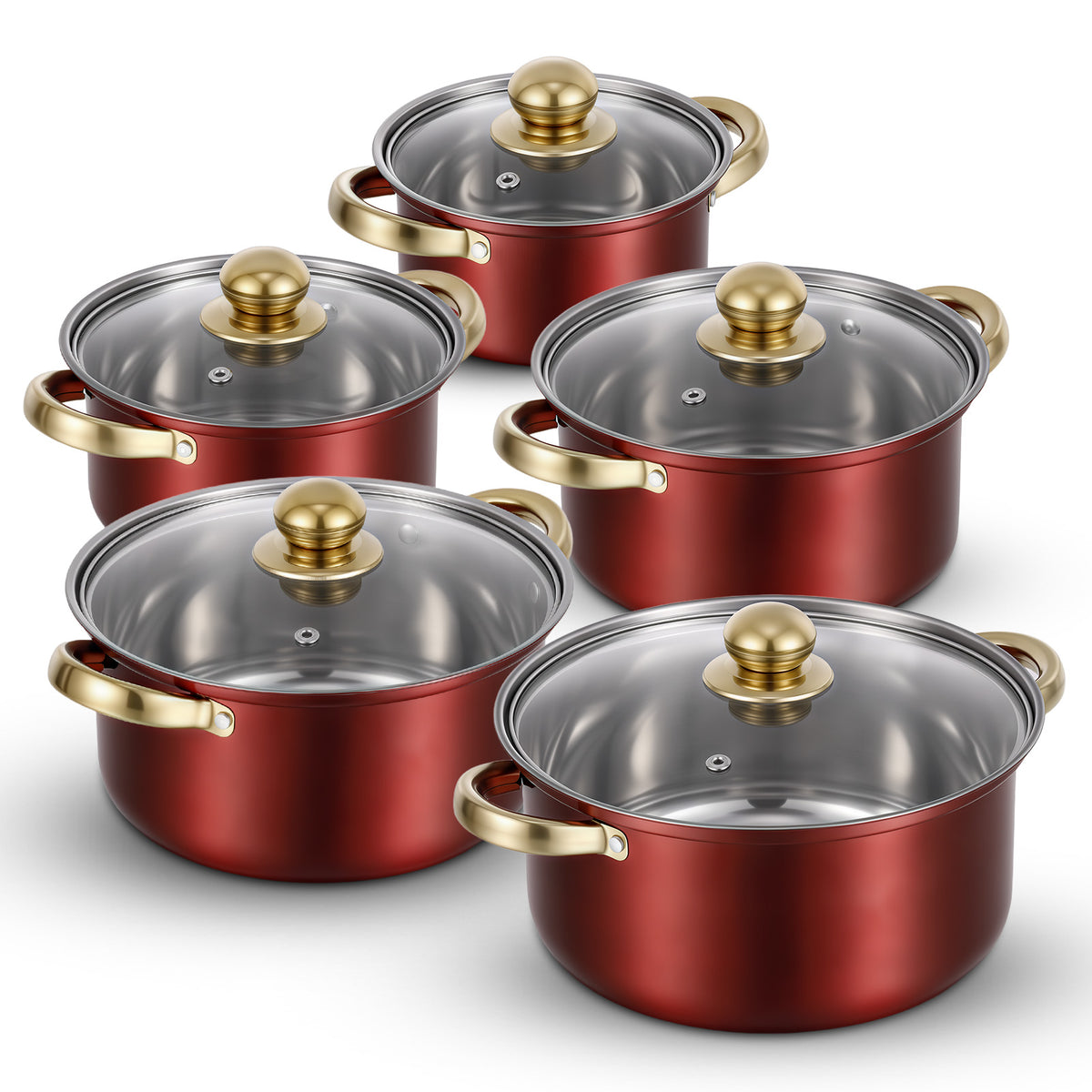 Stainless Steel Pots Sets 10-Piece, Kitchen Cookware Set Saucepan with Glass Lid Stockpot Soup Pot with 2 Ear Handle For Cooking Dishwasher, Red