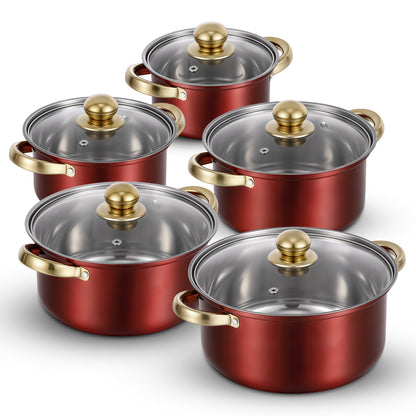 Stainless Steel Pots Sets 10-Piece, Kitchen Cookware Set Saucepan with Glass Lid Stockpot Soup Pot with 2 Ear Handle For Cooking Dishwasher, Red