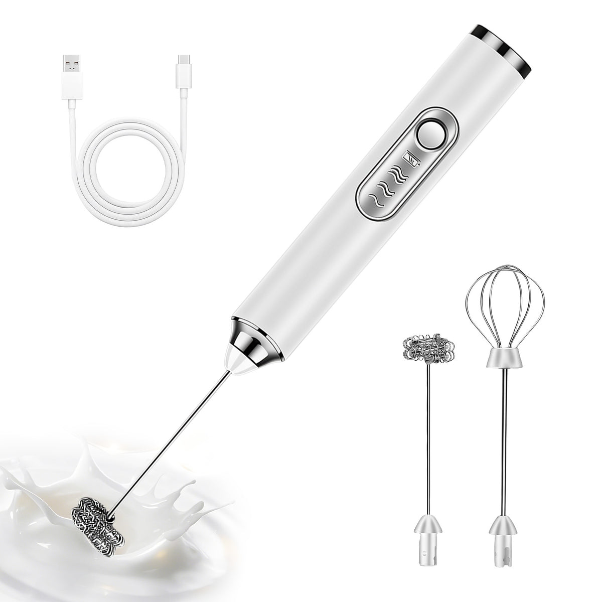 Milk Frother Wand Drink Mixer, Handheld 3 Speed Electric Whisk Stainless Steel Frother for Milk Coffee Lattes Hot Chocolate,White