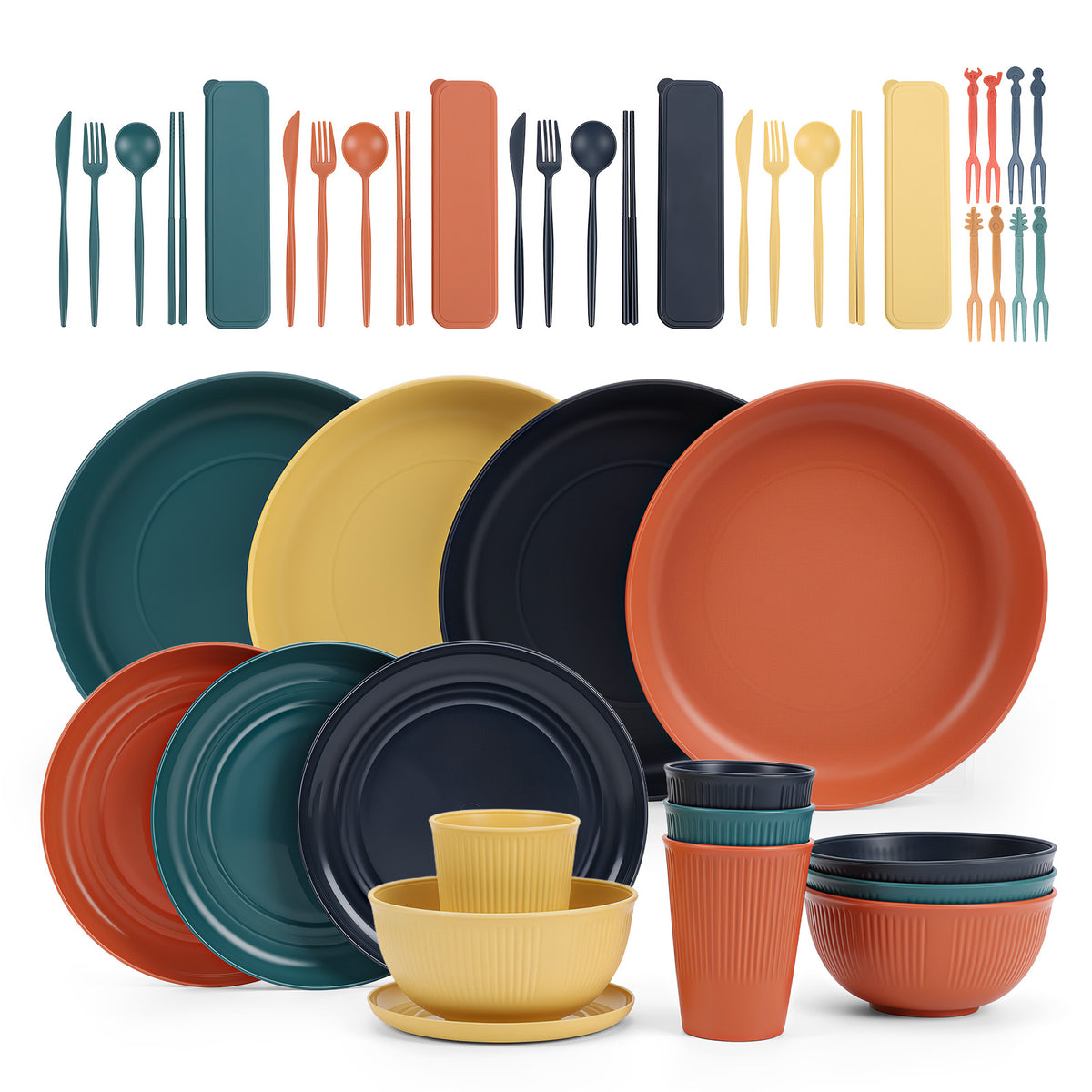 Wheat Straw Dinnerware Set, Service for 4, 48 PCS Unbreakable Plastic Plates and Bowls Sets, Dishwasher Microwave Safe, Multi Color