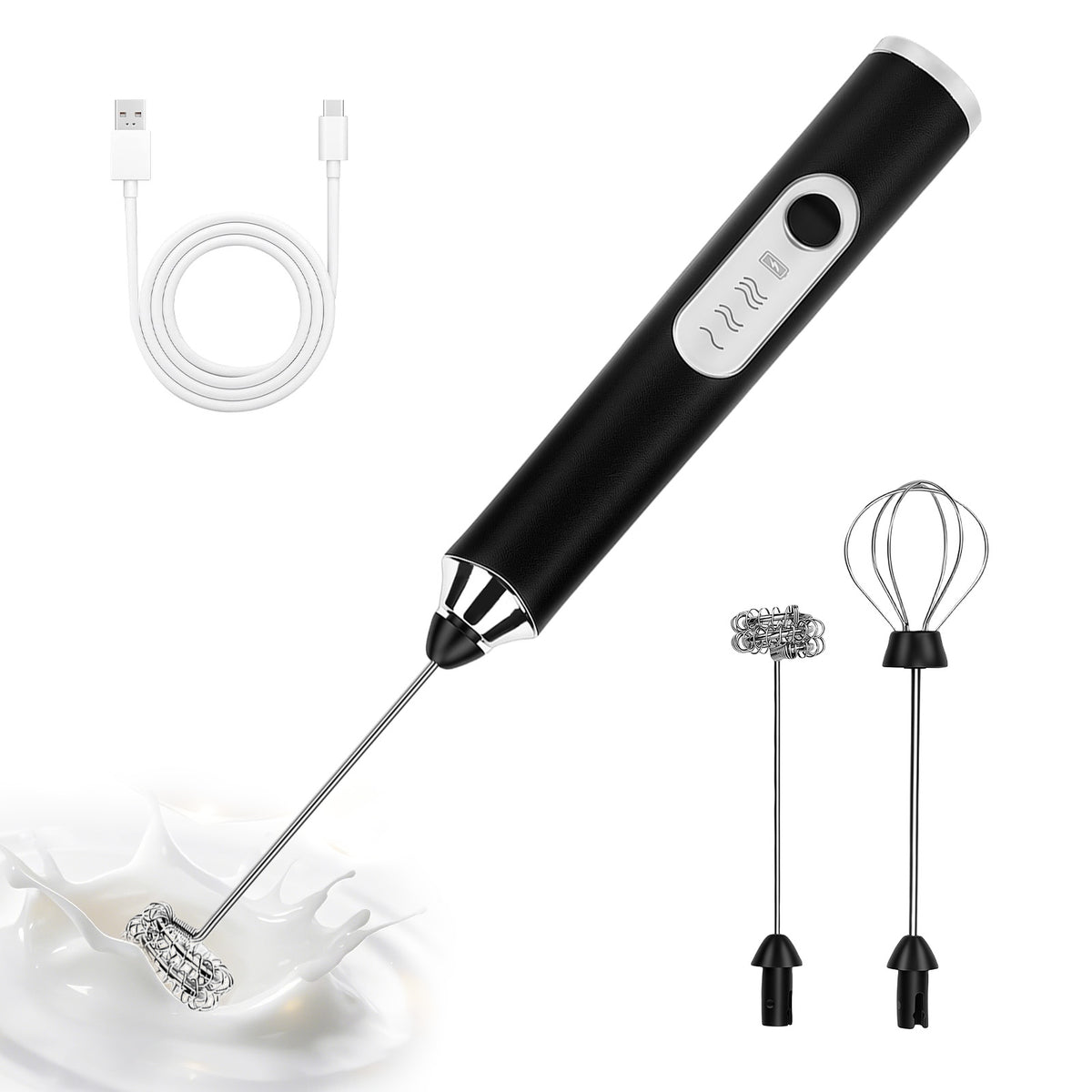 Milk Frother Wand Drink Mixer, Handheld 3 Speed Electric Whisk Stainless Steel Frother for Milk Coffee Lattes Hot Chocolate,Black