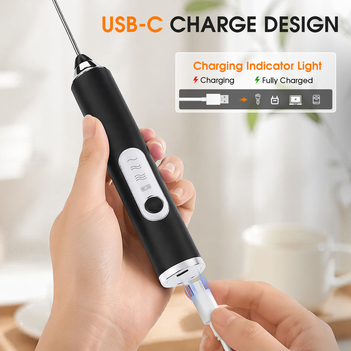 Milk Frother Wand Drink Mixer, Handheld 3 Speed Electric Whisk Stainless Steel Frother for Milk Coffee Lattes Hot Chocolate,Black