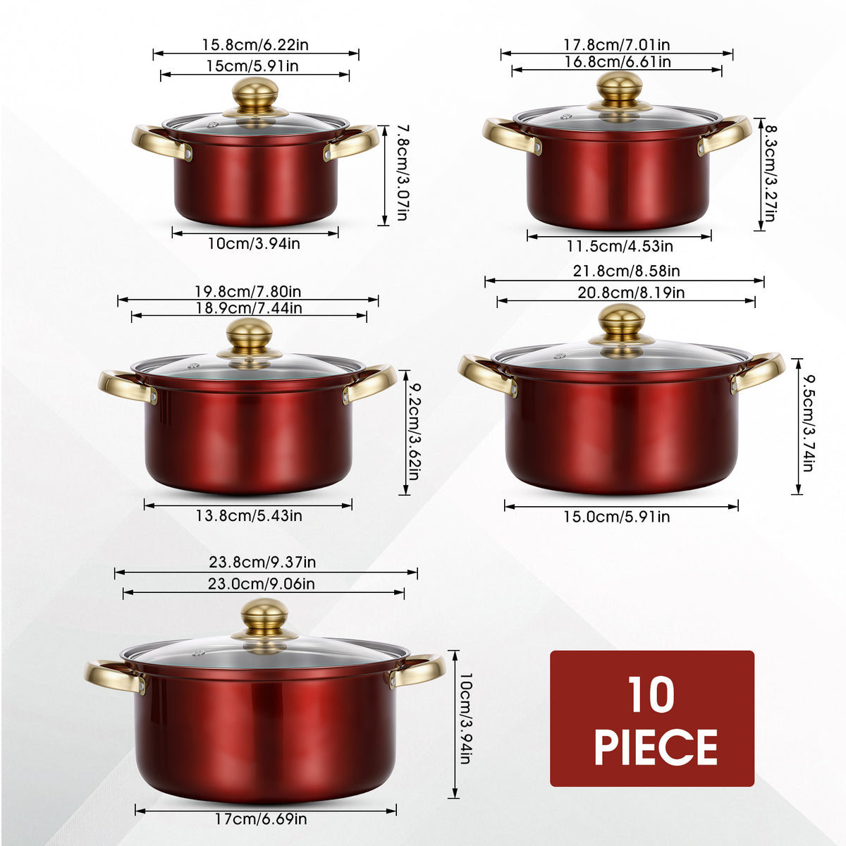 Stainless Steel Pots Sets 10-Piece, Kitchen Cookware Set Saucepan with Glass Lid Stockpot Soup Pot with 2 Ear Handle For Cooking Dishwasher, Red