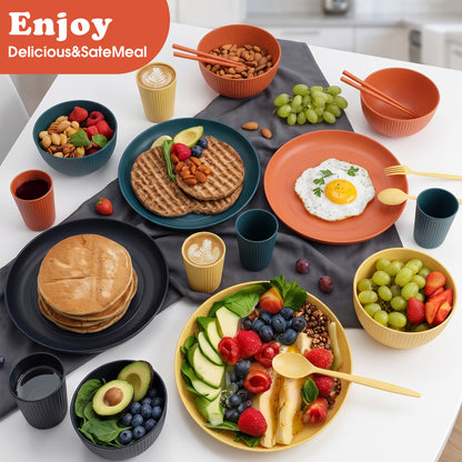 Wheat Straw Dinnerware Set, Service for 4, 48 PCS Unbreakable Plastic Plates and Bowls Sets, Dishwasher Microwave Safe, Multi Color