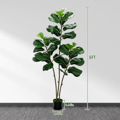 5FT Artificial Fiddle Leaf Fig Tree with Planter Pot Natural Trunk Realistic Leaves Lifelike Faux Floor Plant For Home House Office Decor Indoor