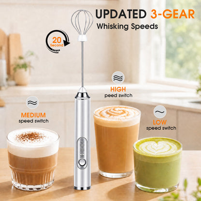 Milk Frother Wand Drink Mixer, Handheld 3 Speed Electric Whisk Stainless Steel Frother for Milk Coffee Lattes Hot Chocolate,White