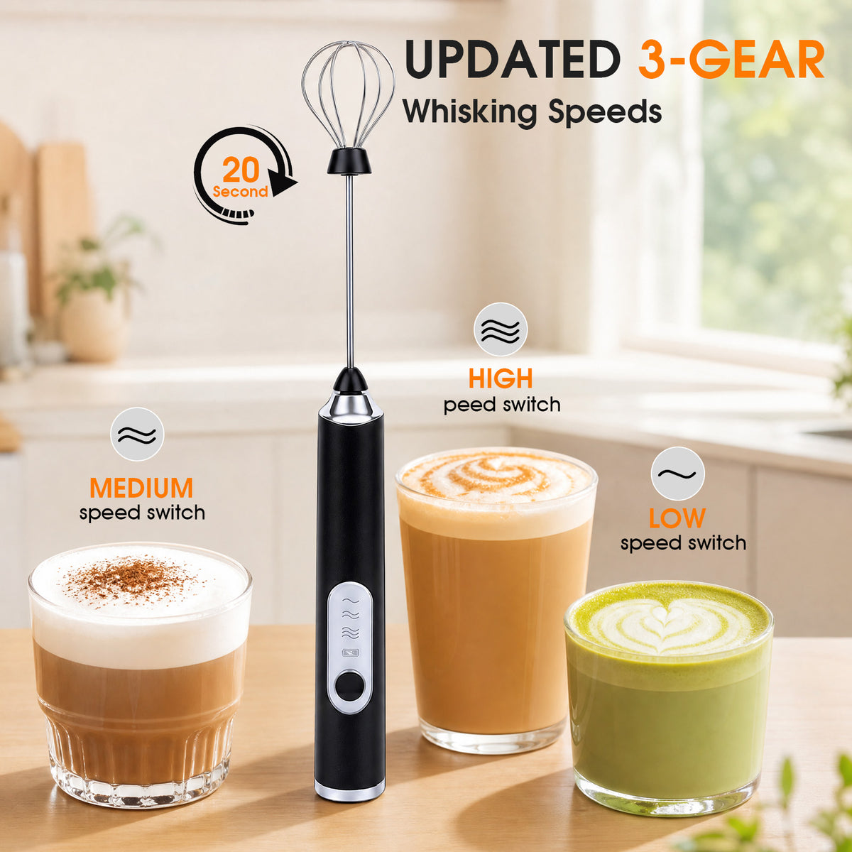 Milk Frother Wand Drink Mixer, Handheld 3 Speed Electric Whisk Stainless Steel Frother for Milk Coffee Lattes Hot Chocolate,Black