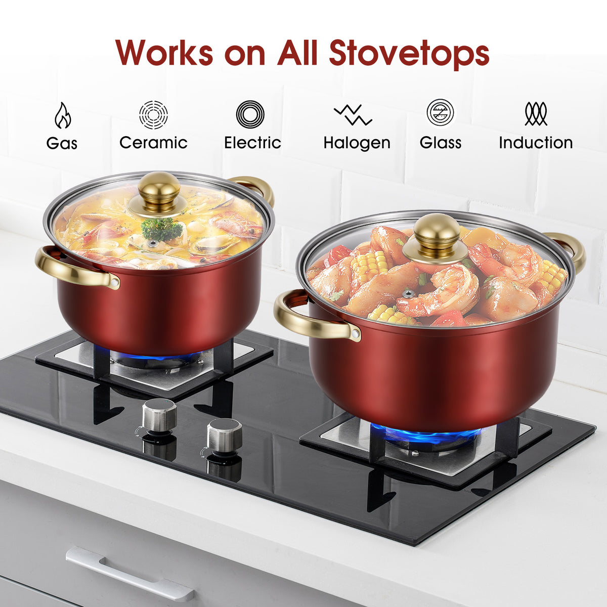Stainless Steel Pots Sets 10-Piece, Kitchen Cookware Set Saucepan with Glass Lid Stockpot Soup Pot with 2 Ear Handle For Cooking Dishwasher, Red