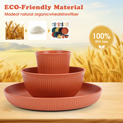 Wheat Straw Dinnerware Set, Service for 4, 48 PCS Unbreakable Plastic Plates and Bowls Sets, Dishwasher Microwave Safe, Multi Color