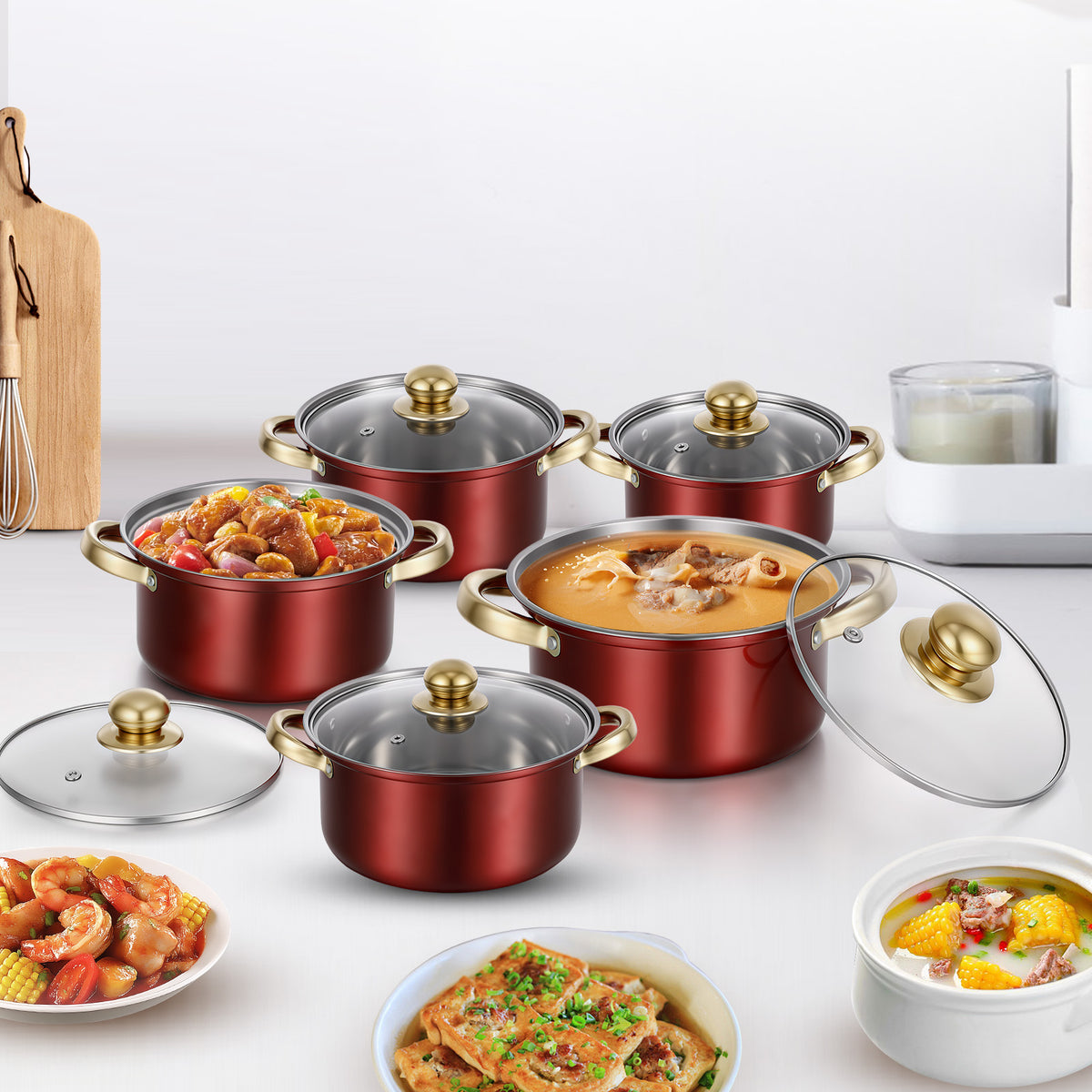 Stainless Steel Pots Sets 10-Piece, Kitchen Cookware Set Saucepan with Glass Lid Stockpot Soup Pot with 2 Ear Handle For Cooking Dishwasher, Red