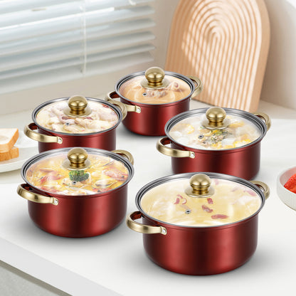 Stainless Steel Pots Sets 10-Piece, Kitchen Cookware Set Saucepan with Glass Lid Stockpot Soup Pot with 2 Ear Handle For Cooking Dishwasher, Red