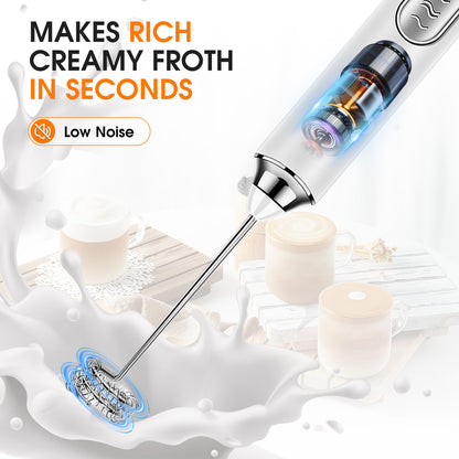 Milk Frother Wand Drink Mixer, Handheld 3 Speed Electric Whisk Stainless Steel Frother for Milk Coffee Lattes Hot Chocolate,White