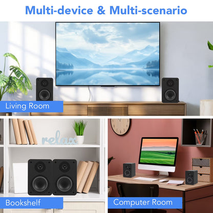 80W Active Bookshelf Speakers, Record Player Speakers with 4 Inch Woofer, Stereo Studio Monitor Speakers, Bass & Treble Adjust TV Speakers with USB/Optical/AUX Input for PC, Black