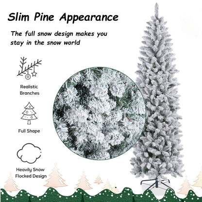 6ft Pencil Christmas Tree, Artificial Slim White Christmas Tree with 436 PVC Needles & Folding Metal Stand, Unlit Xmas Tree for Home Office Shops Hotels Decoration