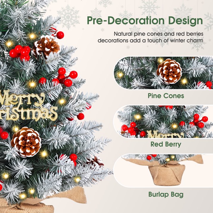 Mini Artificial Xmas Tree Set Small Tabletop Xmas Tree with Red Berries Pine Cones Lights Holiday Home Decoration