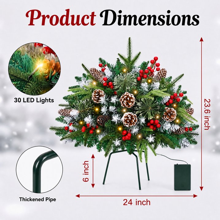 2 Pack 24" Lighted Pathway Christmas Tree Outdoor Urn Filler, Artificial Xmas Pine Trees with Tripod Stake, Battery Powered LED Lights, Snowy Pinecone Berries Decorations for Porch, Driveway, Yard