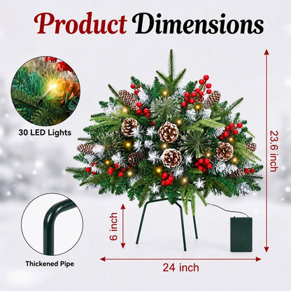 2 Pack 24" Lighted Pathway Christmas Tree Outdoor Urn Filler, Artificial Xmas Pine Trees with Tripod Stake, Battery Powered LED Lights, Snowy Pinecone Berries Decorations for Porch, Driveway, Yard