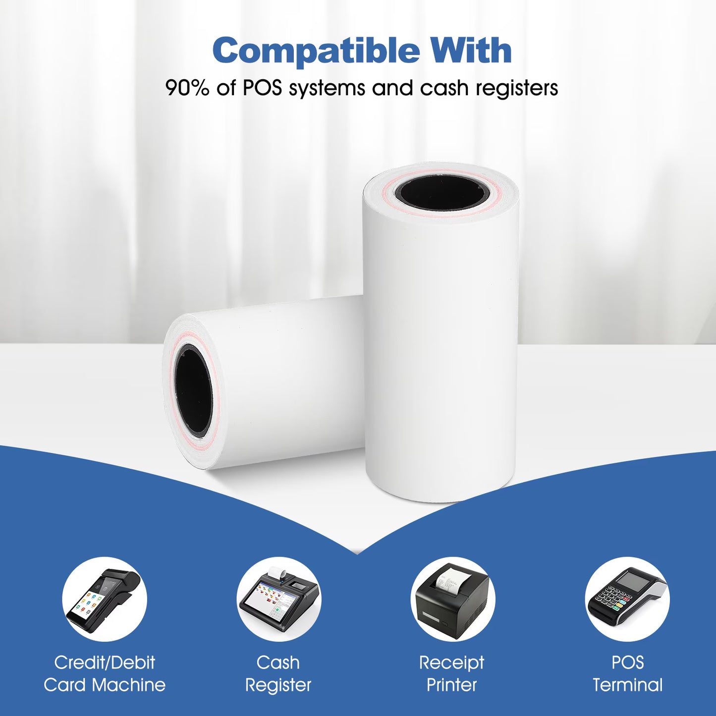 (30 Rolls) 2 1/4" x 16.4' Thermal Receipt Paper, 58mm Cash Register Paper Rolls, Compatible with Most Card Machine Fits All 58mm Mini Thermal Printers