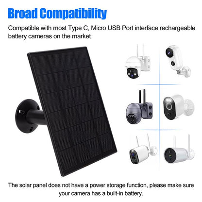 8W Solar Panel Charger, Solar Panel with Micro USB & USB C Port for DC 5V Outdoor Rechargeable Battery Camera, IP66 Waterproof, 360° Adjustable Security Mount, Black