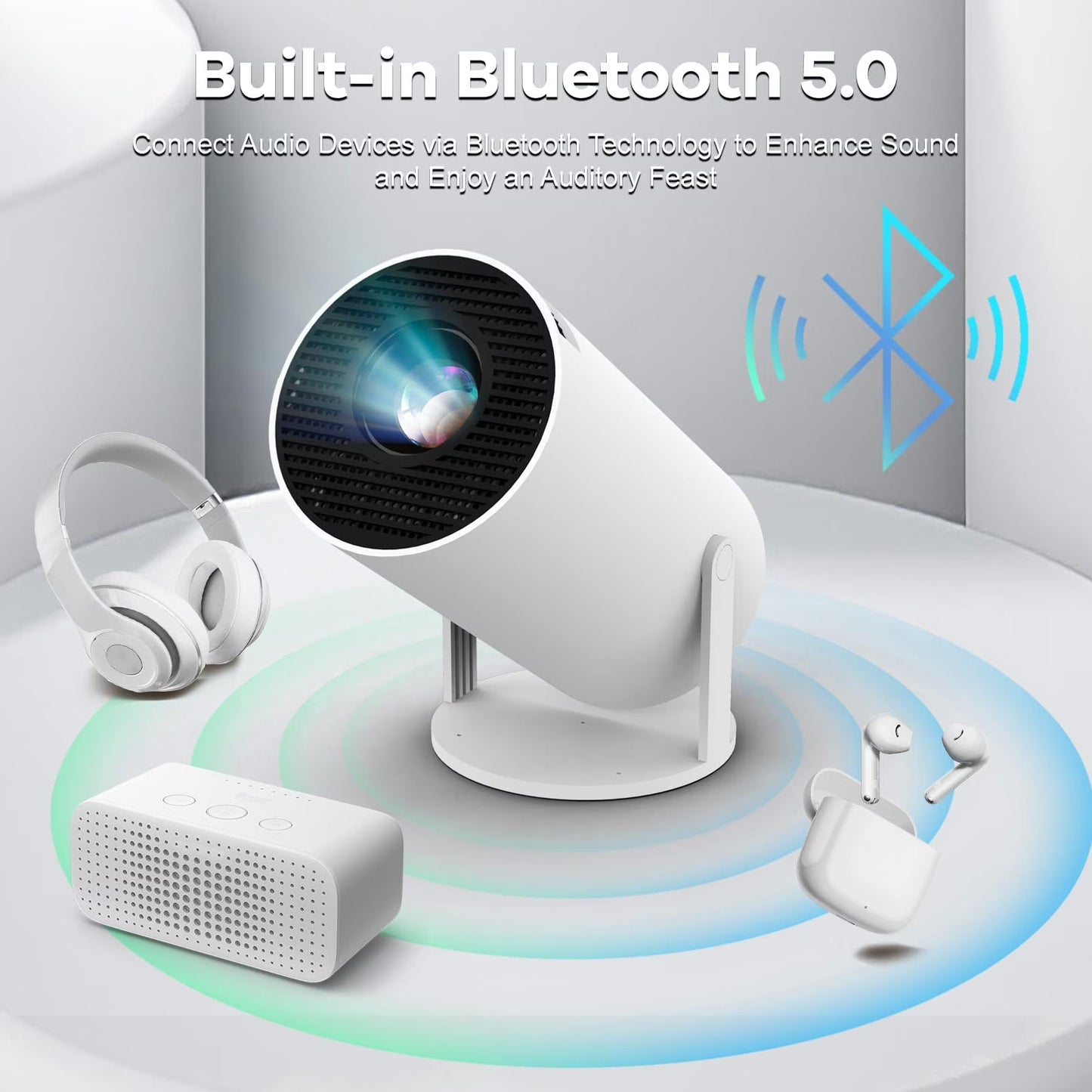 Mini Projector with WiFi 6 and Bluetooth, 4K 1080P Portable Projector, 180° Rotatable Outdoor Projector Compatible for Phone/TV Stick/Laptop, Auto Keystone Movie Projector with Android 11