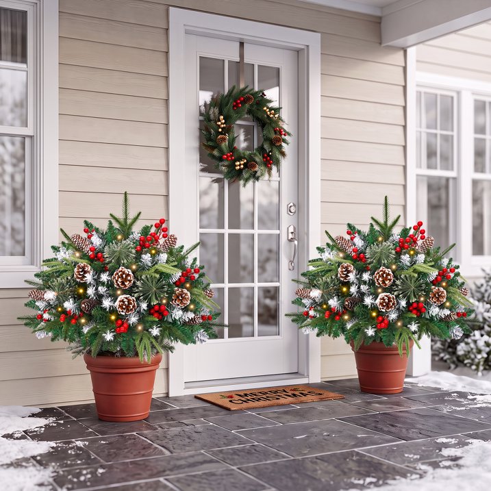 2 Pack 24" Lighted Pathway Christmas Tree Outdoor Urn Filler, Artificial Xmas Pine Trees with Tripod Stake, Battery Powered LED Lights, Snowy Pinecone Berries Decorations for Porch, Driveway, Yard