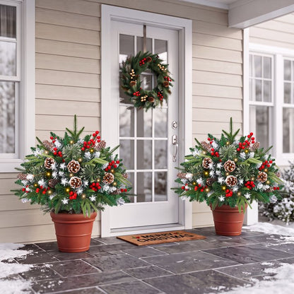 2 Pack 24" Lighted Pathway Christmas Tree Outdoor Urn Filler, Artificial Xmas Pine Trees with Tripod Stake, Battery Powered LED Lights, Snowy Pinecone Berries Decorations for Porch, Driveway, Yard