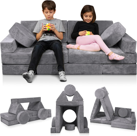 LHCER 12pcs Modular Kids Play Couch, Child Sectional Sofa, Fortplay Bedroom and Playroom Furniture for Toddlers, Convertible Foam and Floor Cushion for Boys Girls, Gray