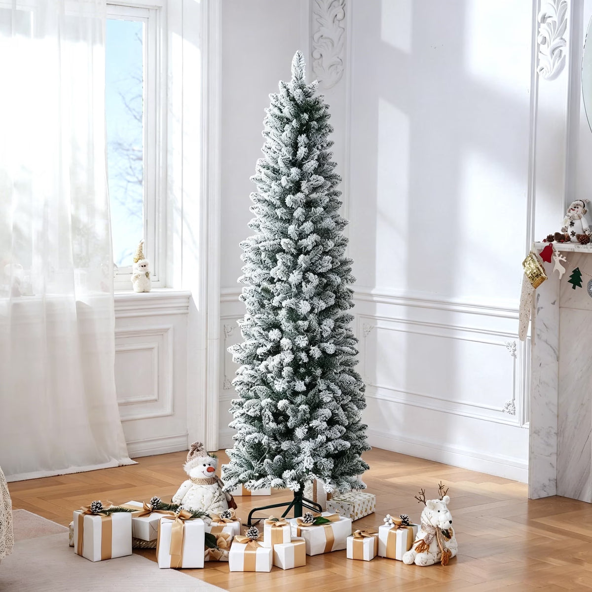 7ft Pencil Christmas Tree, Artificial Slim White Christmas Tree with 436 PVC Needles & Folding Metal Stand, Unlit Xmas Tree for Home Office Shops Hotels Decoration